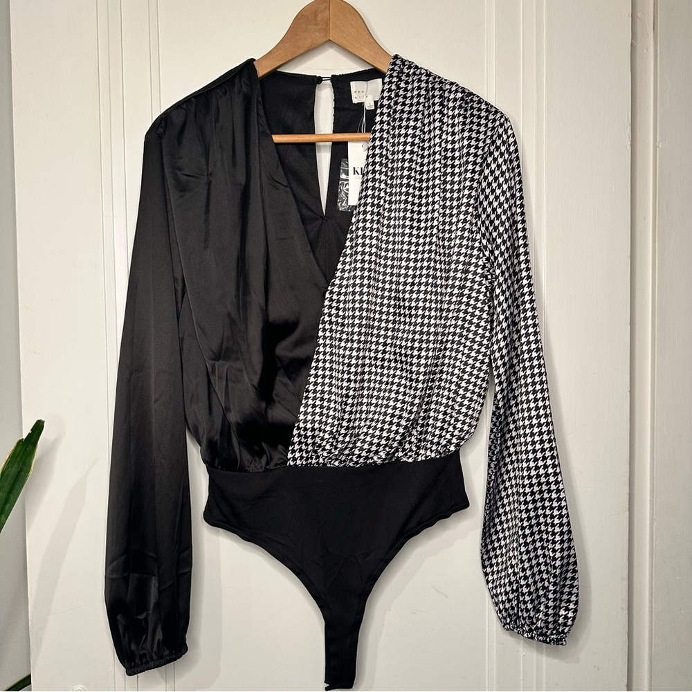 Vici Black and White Houndstooth Wrap Bodysuit